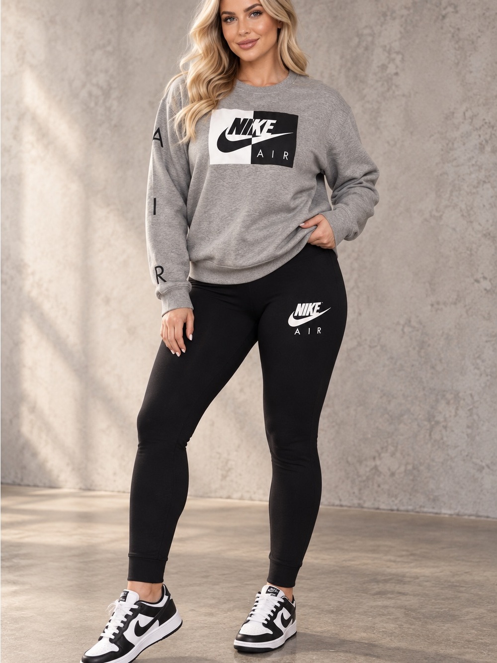 Nike Air Women's large Black leggings with gray crewneck outfit